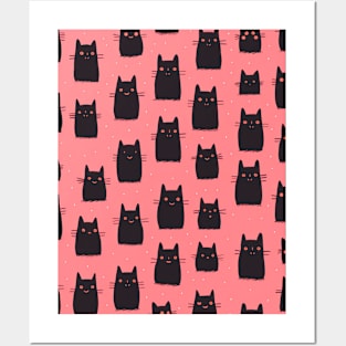 Cute Black Cat Pink Pattern Posters and Art